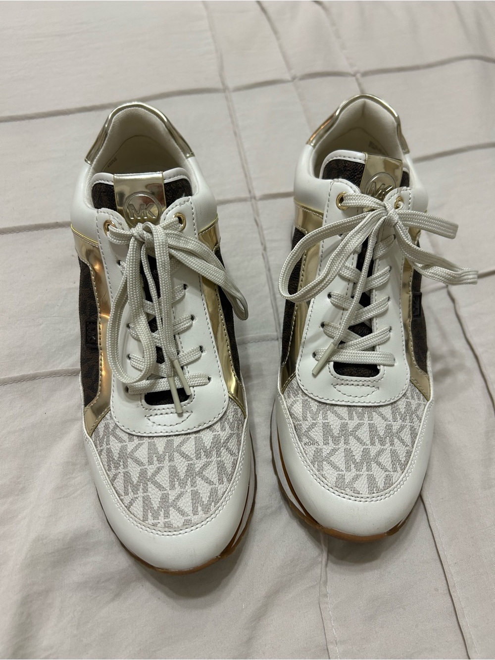 Michael Kors - White, Gold, and Brown MK Logo Trainer Sneakers